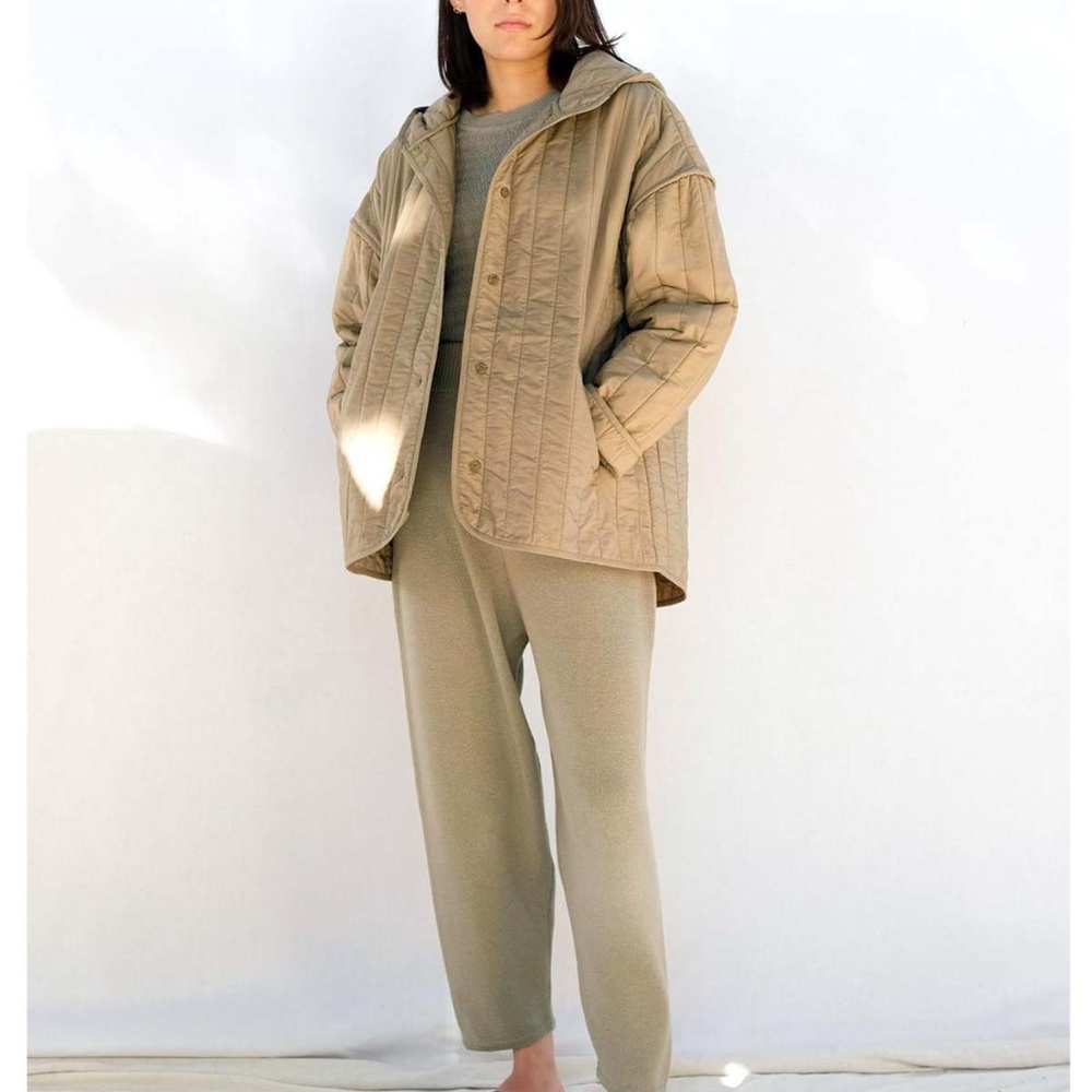 MICAELA GREG The Straight Quilt Jacket in Faded Olive Hooded Coat Cotton Size M